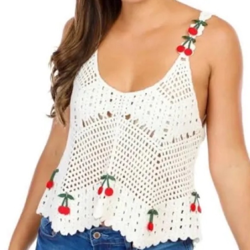 FREE EARRINGS • Rebellion Again Cherry Embellished White Crochet Top